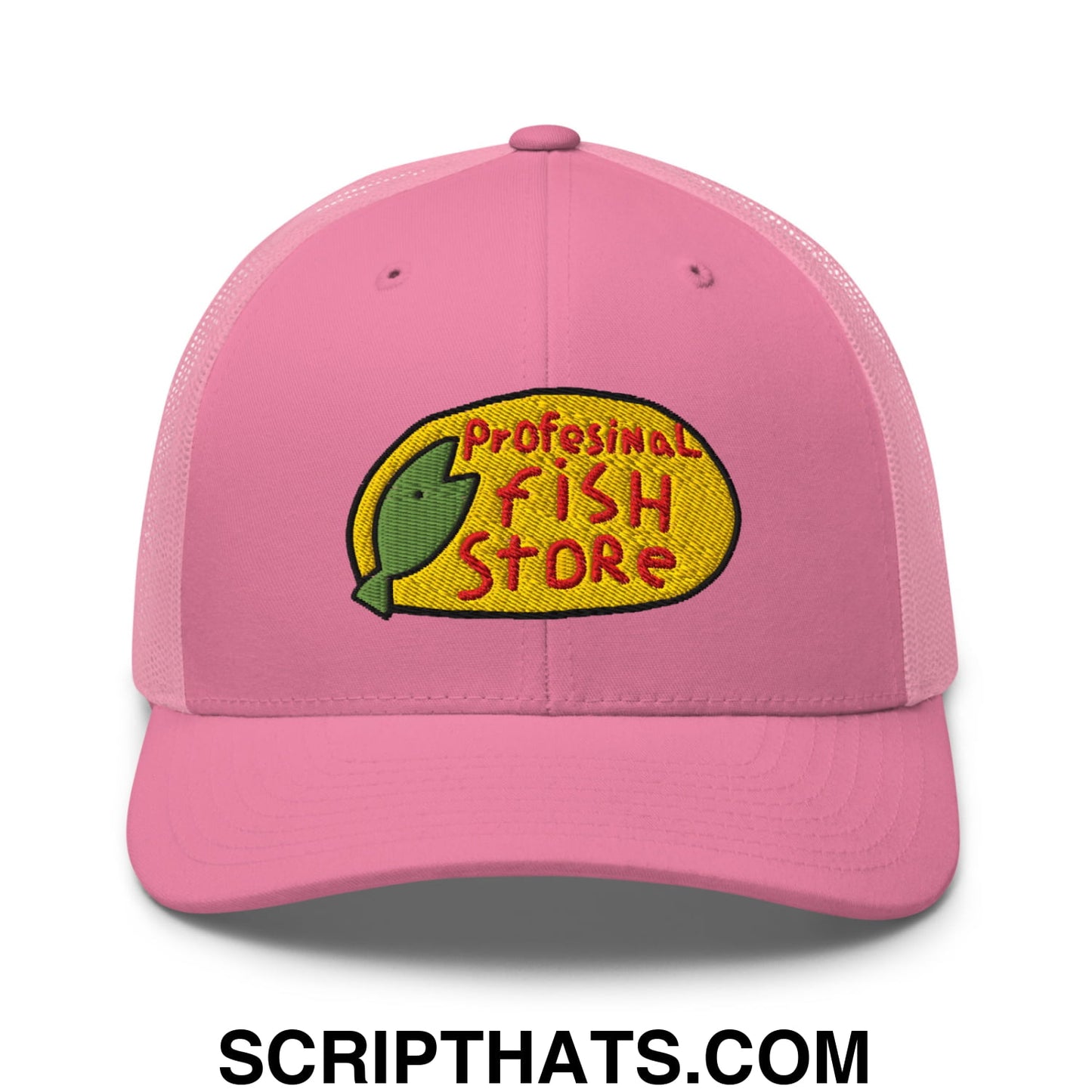 Pink mesh trucker hat with embroidered professional fish store logo featuring green fish on yellow oval background