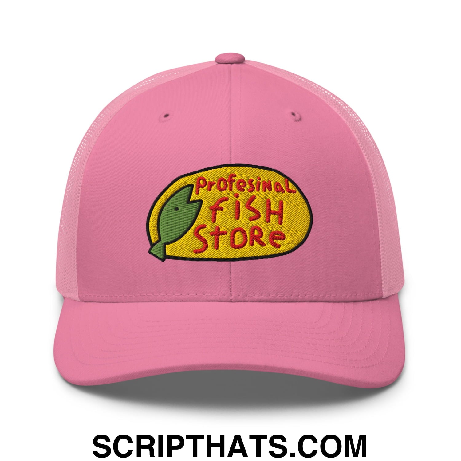 Pink mesh trucker hat with embroidered professional fish store logo featuring green fish on yellow oval background