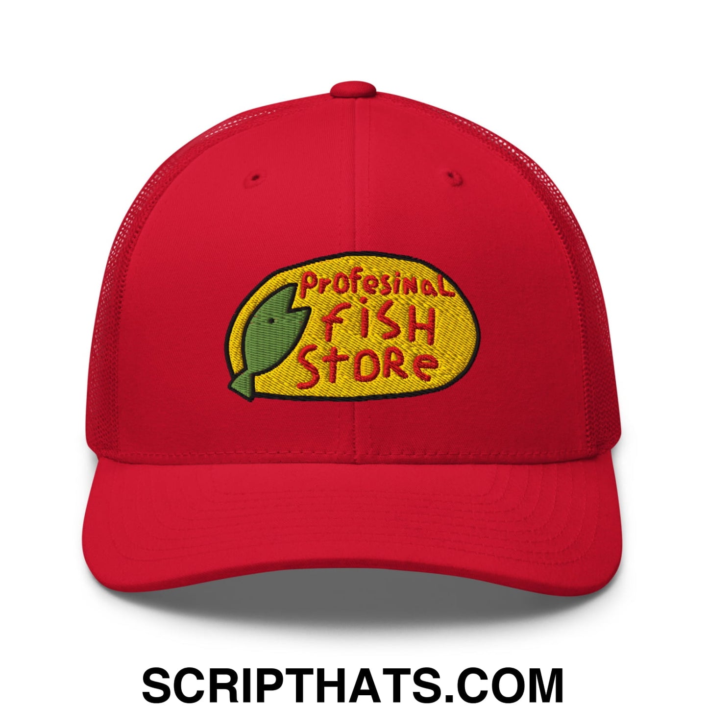 Red mesh trucker hat with yellow embroidered professional fish store logo featuring a green fish design
