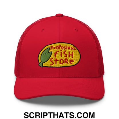 Red mesh trucker hat with yellow embroidered professional fish store logo featuring a green fish design