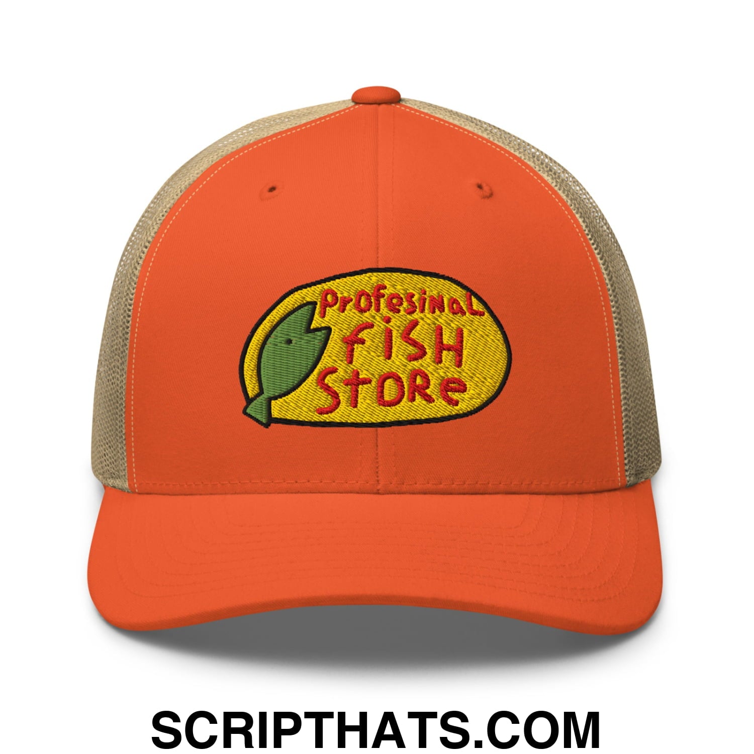 Orange and beige mesh trucker hat with professional fish store embroidered logo featuring a green fish on yellow oval
