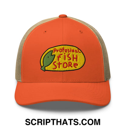 Orange and beige mesh trucker hat with professional fish store embroidered logo featuring a green fish on yellow oval