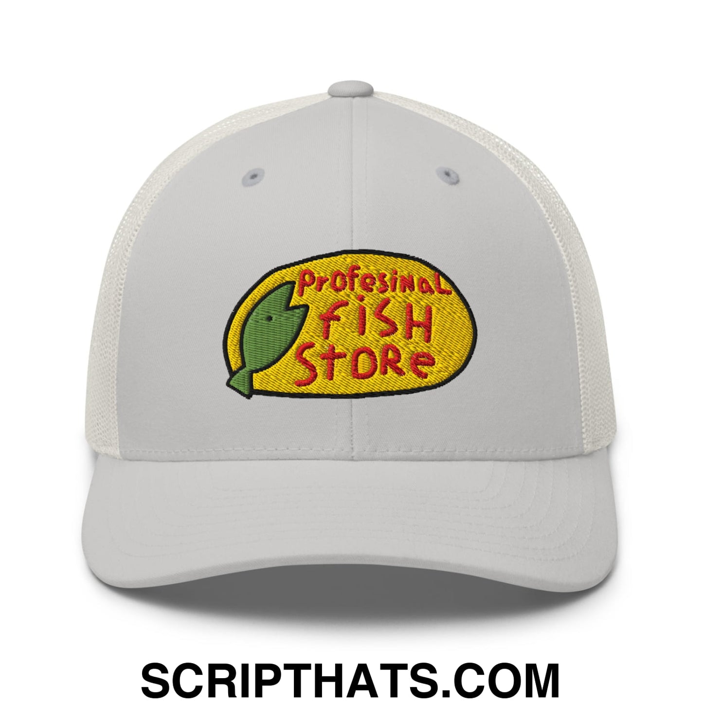 White mesh trucker hat with embroidered professional fish store logo featuring a green fish on yellow oval background