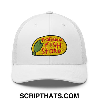 White mesh trucker hat with professional fish store embroidered logo featuring green fish on yellow oval background