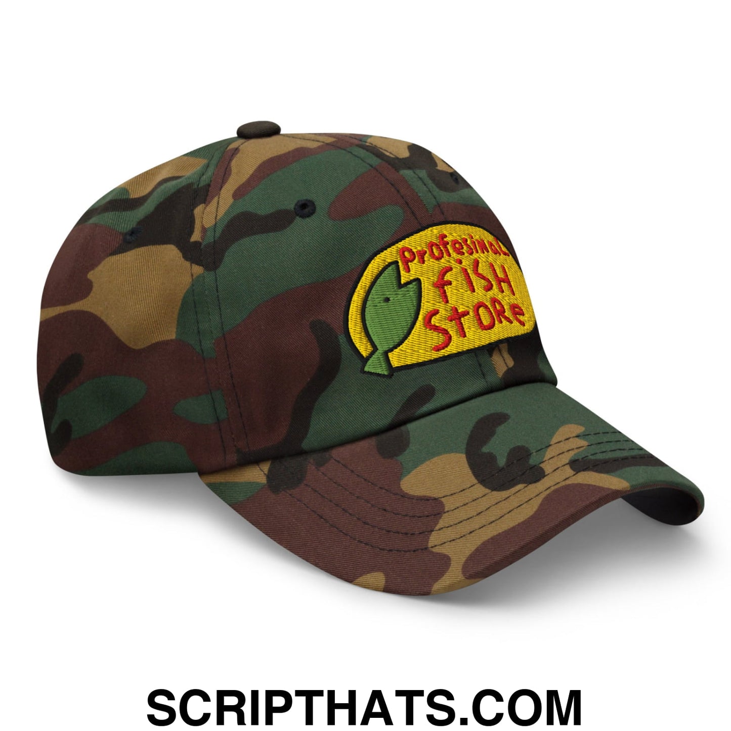 Professional Fish Store Embroidered Unstructured Dad Hat Green Camo