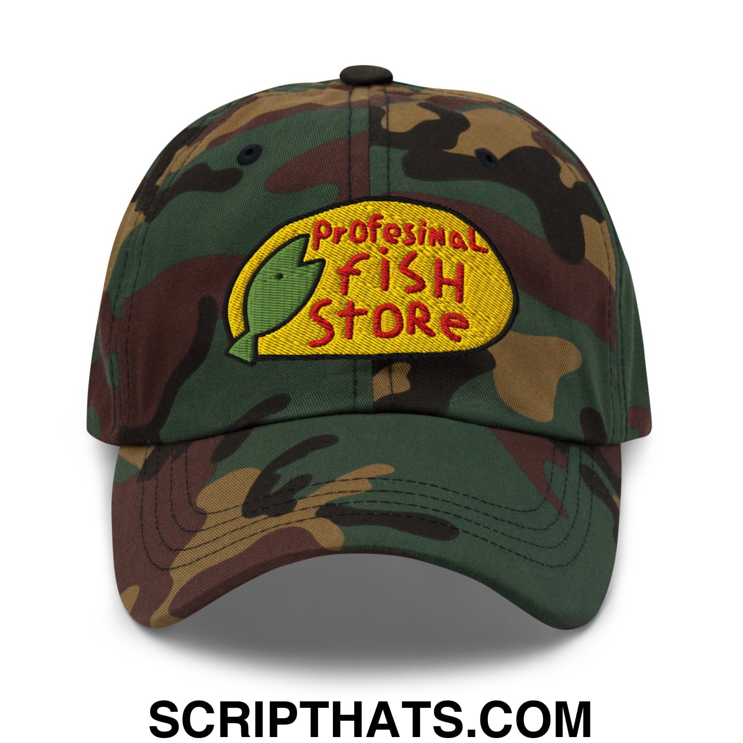 Professional Fish Store Embroidered Unstructured Dad Hat Green Camo