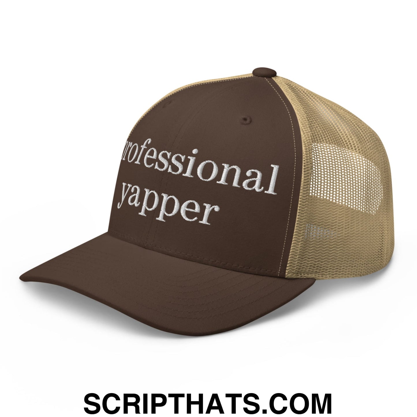 professional yapper Embroidered Mesh Trucker Hat Brown Khaki