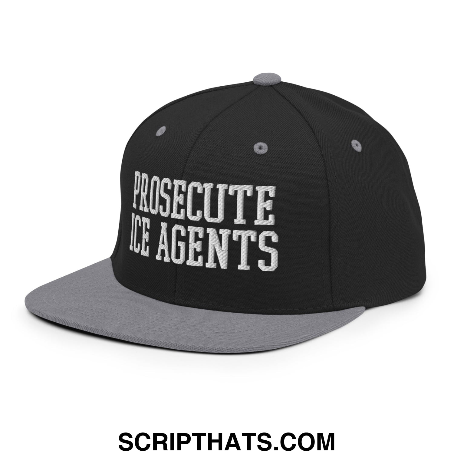 Black and gray snapback cap with white embroidered prosecute ice agents text on front and flat bill brim