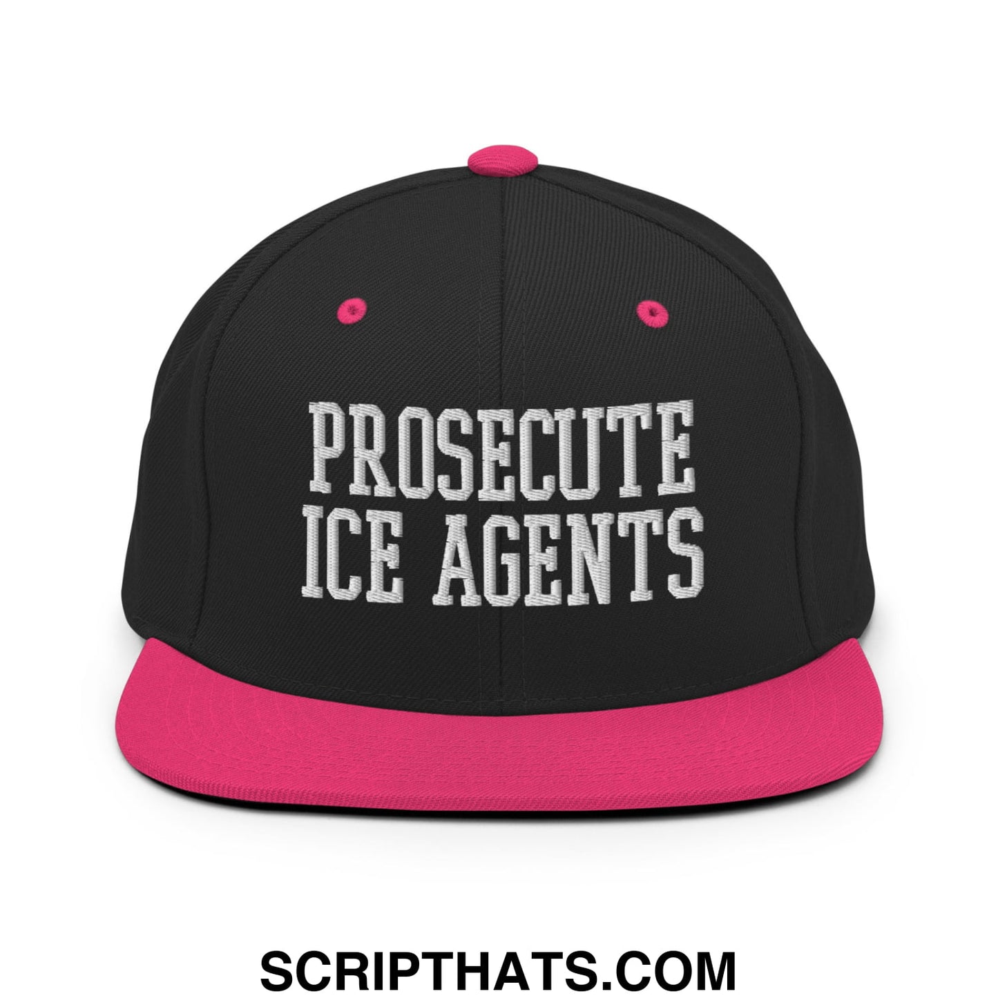 Black snapback cap with vibrant pink brim and button featuring white embroidered text prosecute ice agents