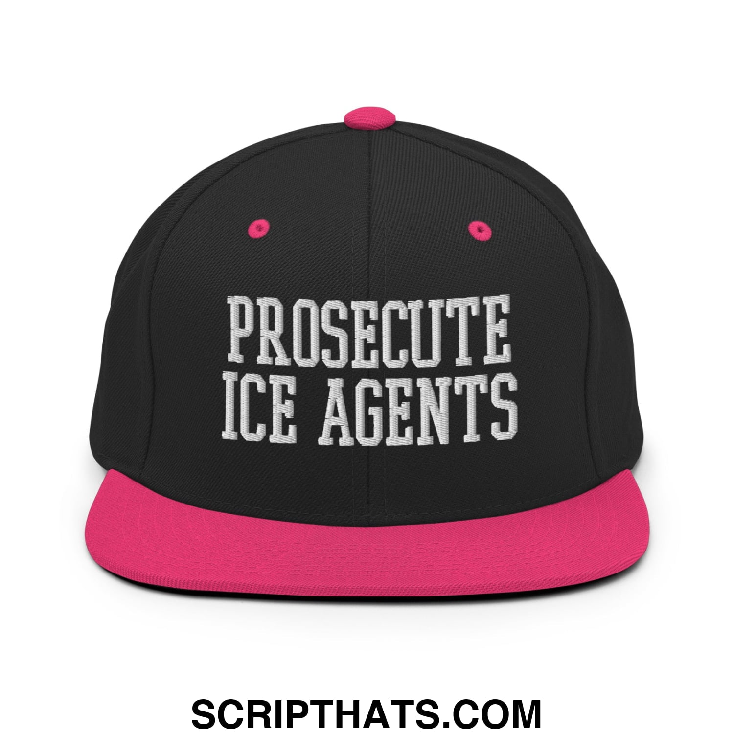 Black snapback cap with vibrant pink brim and button featuring white embroidered text prosecute ice agents