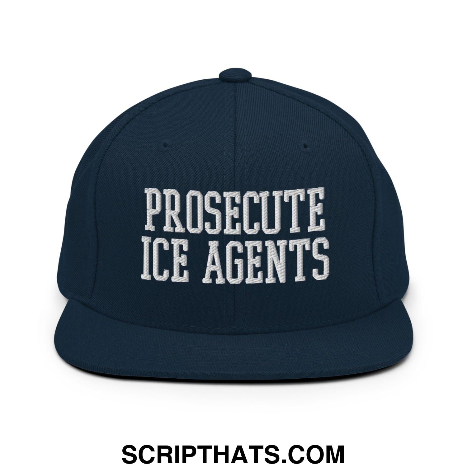 Navy blue snapback hat with white embroidered prosecute ice agents text and flat bill brim for casual wear