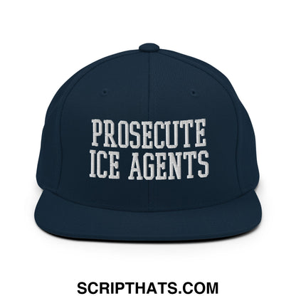 Navy blue snapback hat with white embroidered prosecute ice agents text and flat bill brim for casual wear