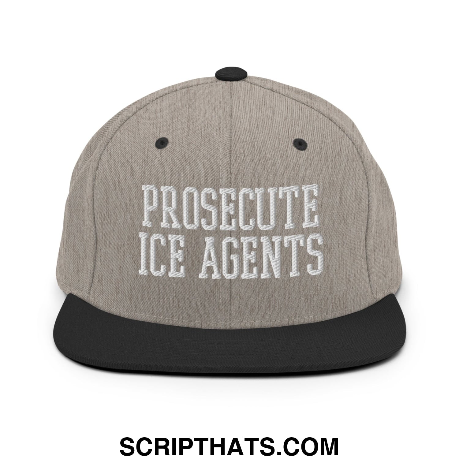 Gray and black snapback hat with flat bill brim featuring white embroidered prosecute ice agents text