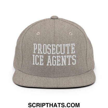 Gray snapback hat with white embroidered text prosecute ice agents and flat bill brim for casual wear