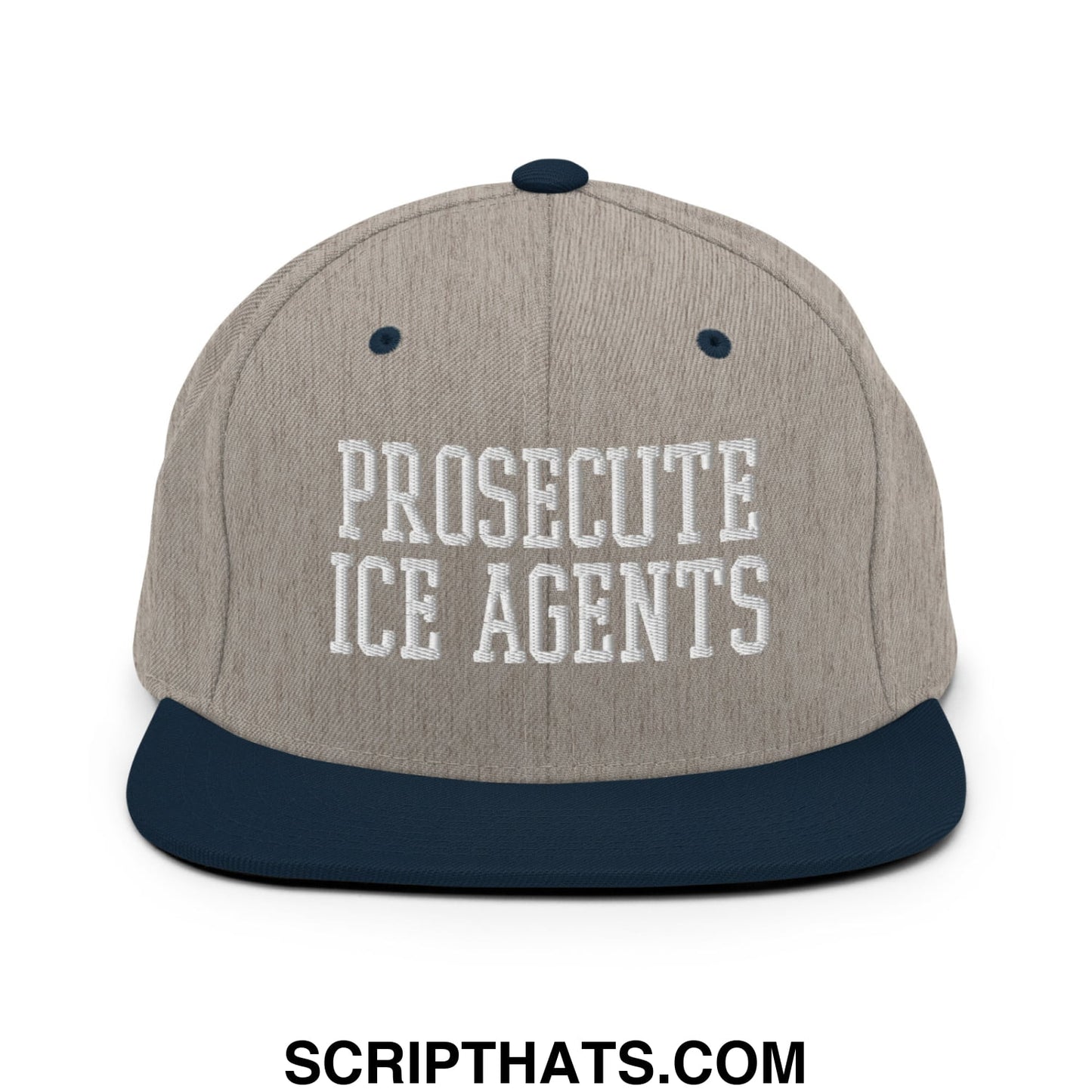A beige and navy blue snapback hat with white embroidered proseute ice agents text across the front