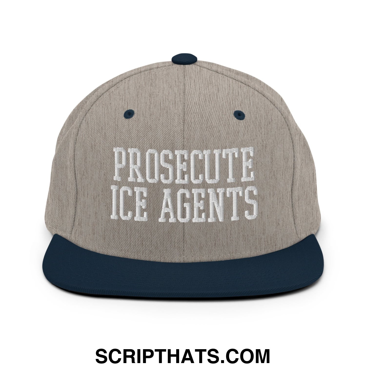 A beige and navy blue snapback hat with white embroidered proseute ice agents text across the front