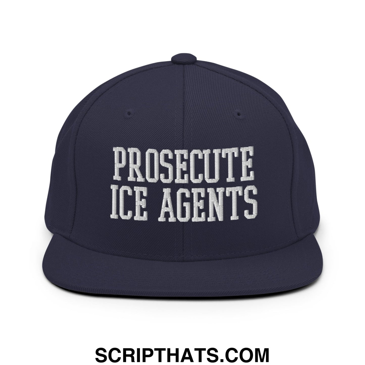 Navy blue snapback cap with white embroidered text prosecute ice agents flat bill brim for casual wear