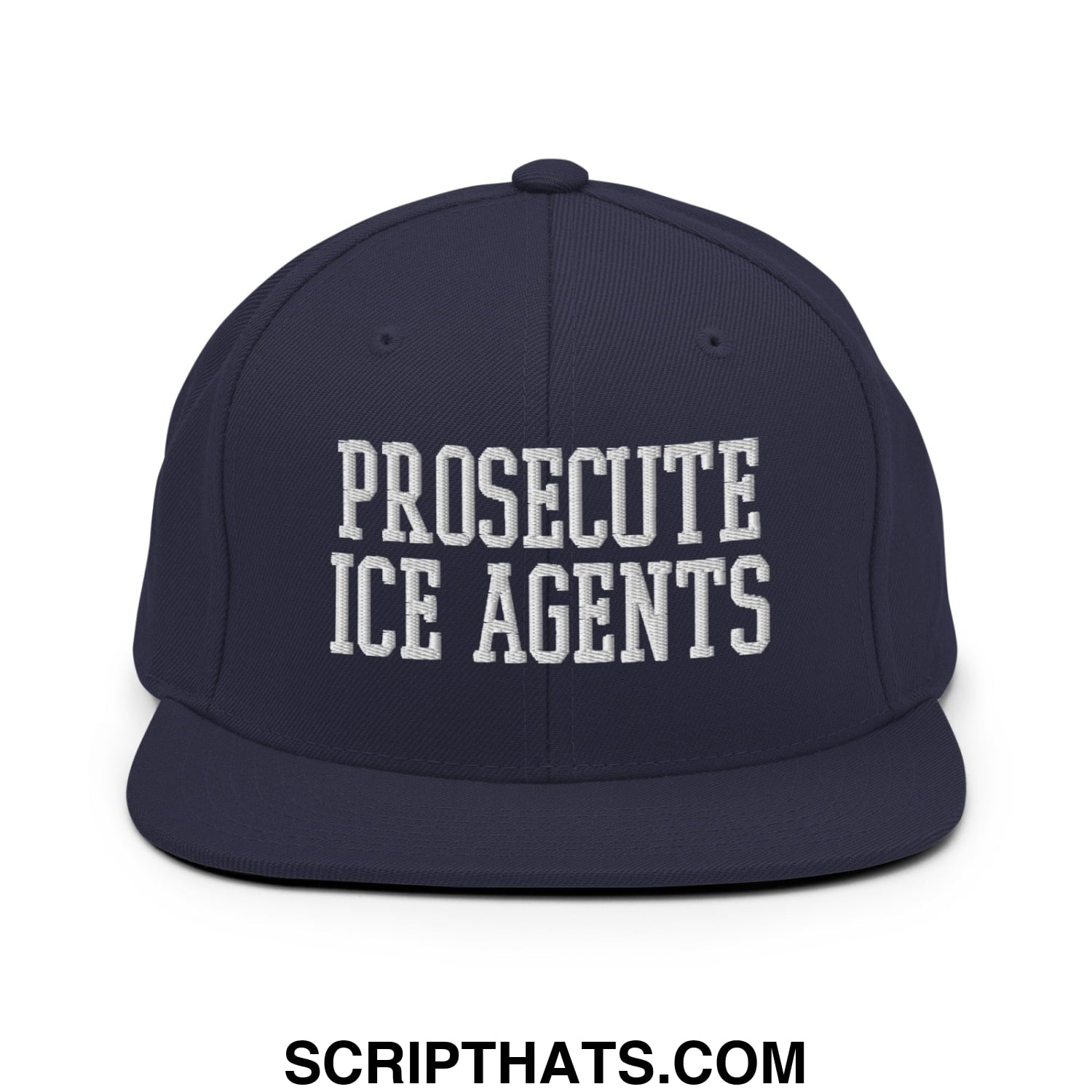 Navy blue snapback cap with white embroidered text prosecute ice agents flat bill brim for casual wear
