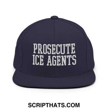 Navy blue snapback cap with white embroidered text prosecute ice agents flat bill brim for casual wear