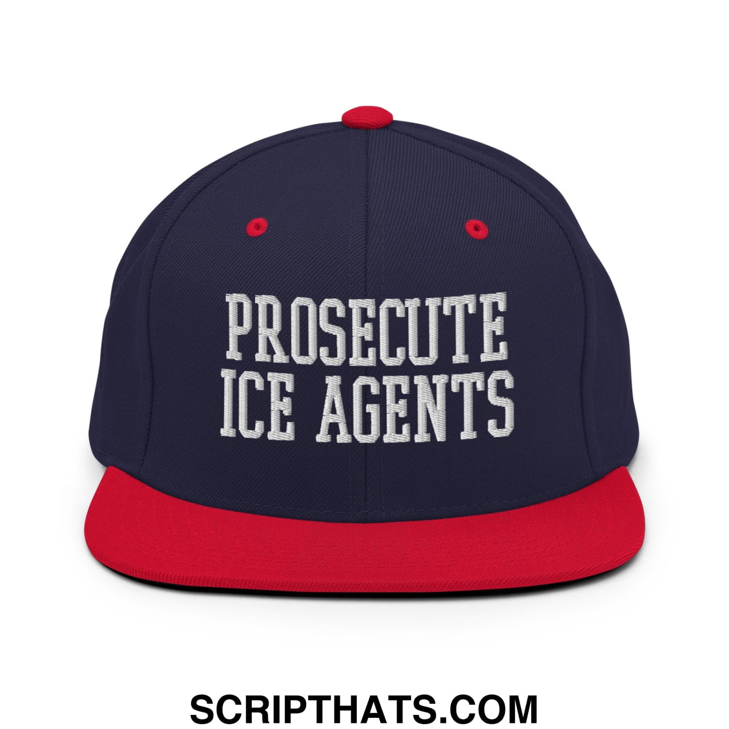 Navy blue snapback hat with red brim and white embroidered text prosecuting ice agents flat bill brim design