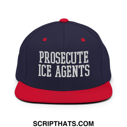 Navy blue snapback hat with red brim and white embroidered text prosecuting ice agents flat bill brim design