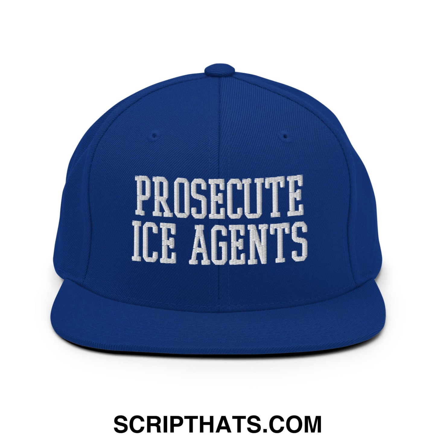 Royal blue snapback hat with white embroidered prosecuate ice agents text and flat bill brim design