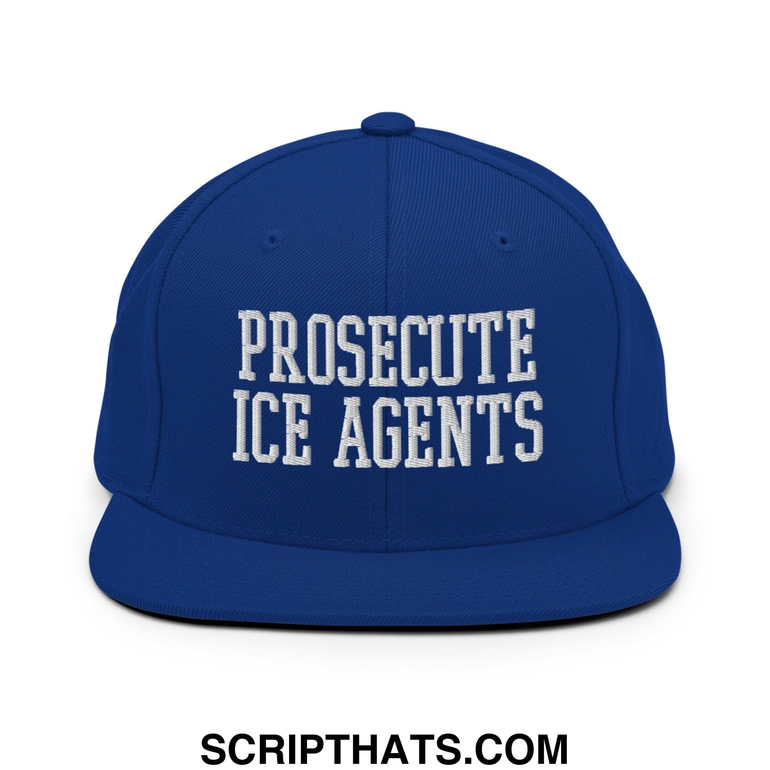 Royal blue snapback hat with white embroidered prosecuate ice agents text and flat bill brim design