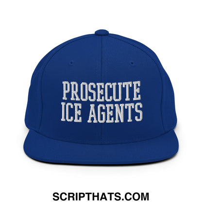 Royal blue snapback hat with white embroidered prosecuate ice agents text and flat bill brim design