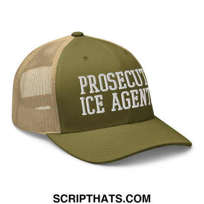 Olive green and tan mesh trucker hat with white embroidered prosecute ice agents text for casual wear