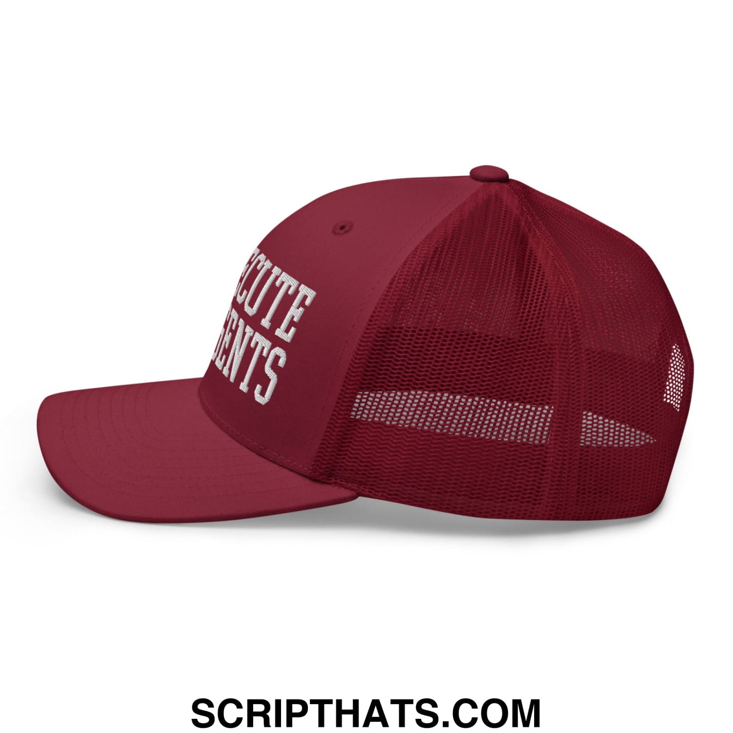 Maroon mesh trucker hat with white embroidered prosecute ice agents text on front panel