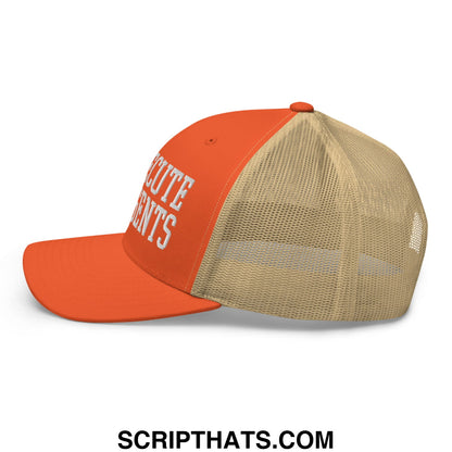Orange and beige mesh trucker hat with white embroidered prosecute ice agents text on front panel