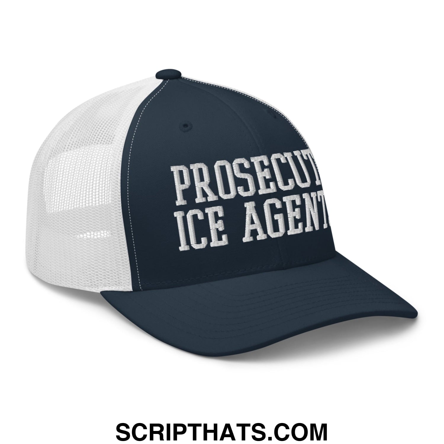 Navy blue and white mesh trucker hat with prosecute ice agents embroidered in bold white lettering on front panel