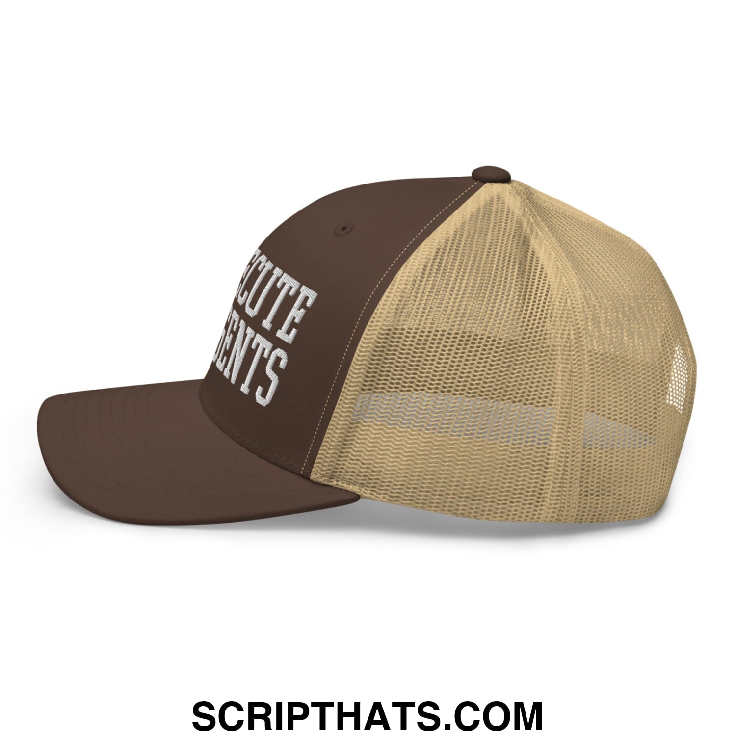 Brown and tan mesh trucker hat with white embroidered prosecu te ice agents text on the front panel
