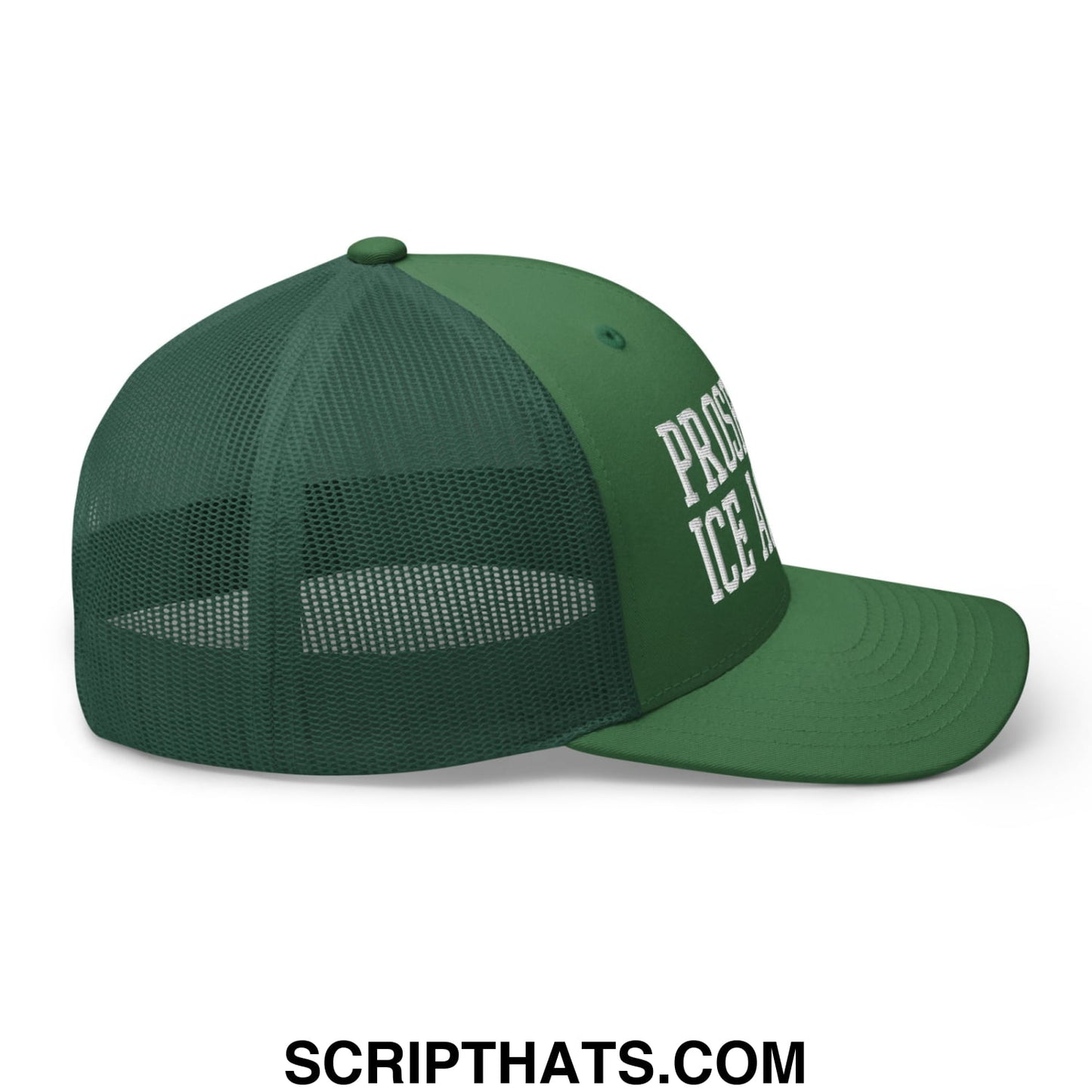 Dark green mesh trucker baseball cap with white embroidered prosecute ice agents text on front panel