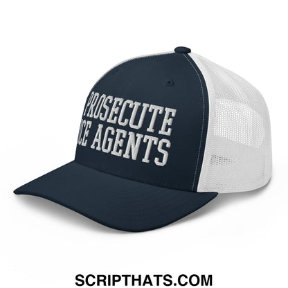 Navy blue and white mesh trucker hat with prosecute ice agents embroidered in bold textured silver lettering