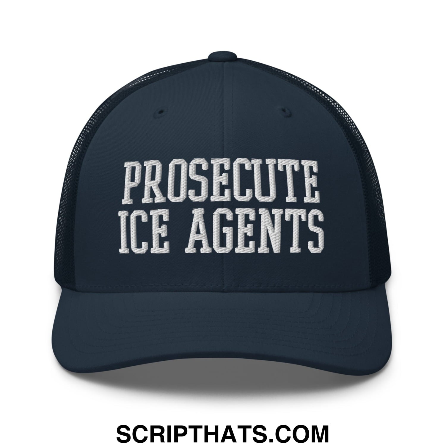 Navy blue mesh trucker hat with white embroidered proseute ice agents text on front panel
