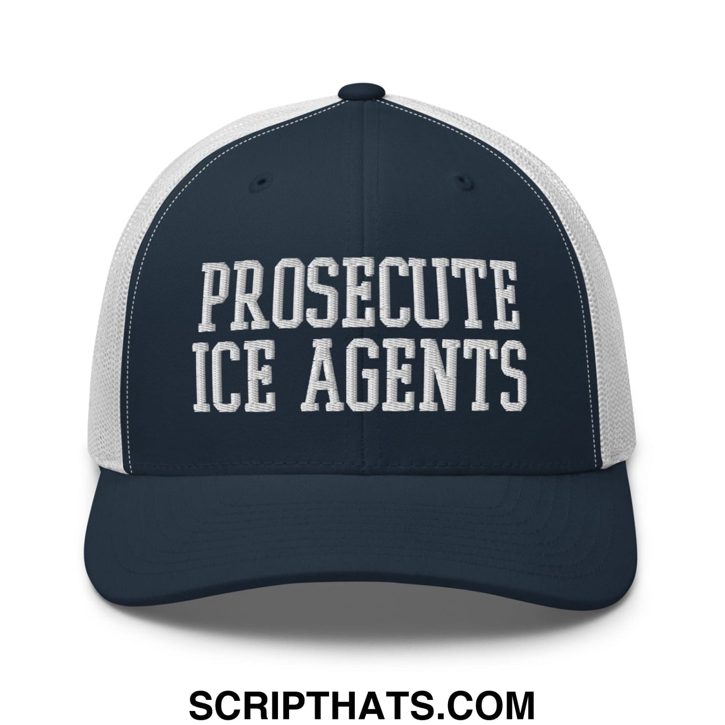 Navy blue and white mesh trucker hat with embroidered prosecute ice agents text in bold block lettering