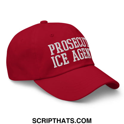 Red embroidered unstructured dad hat with white prosecutor ice agent text for casual streetwear use