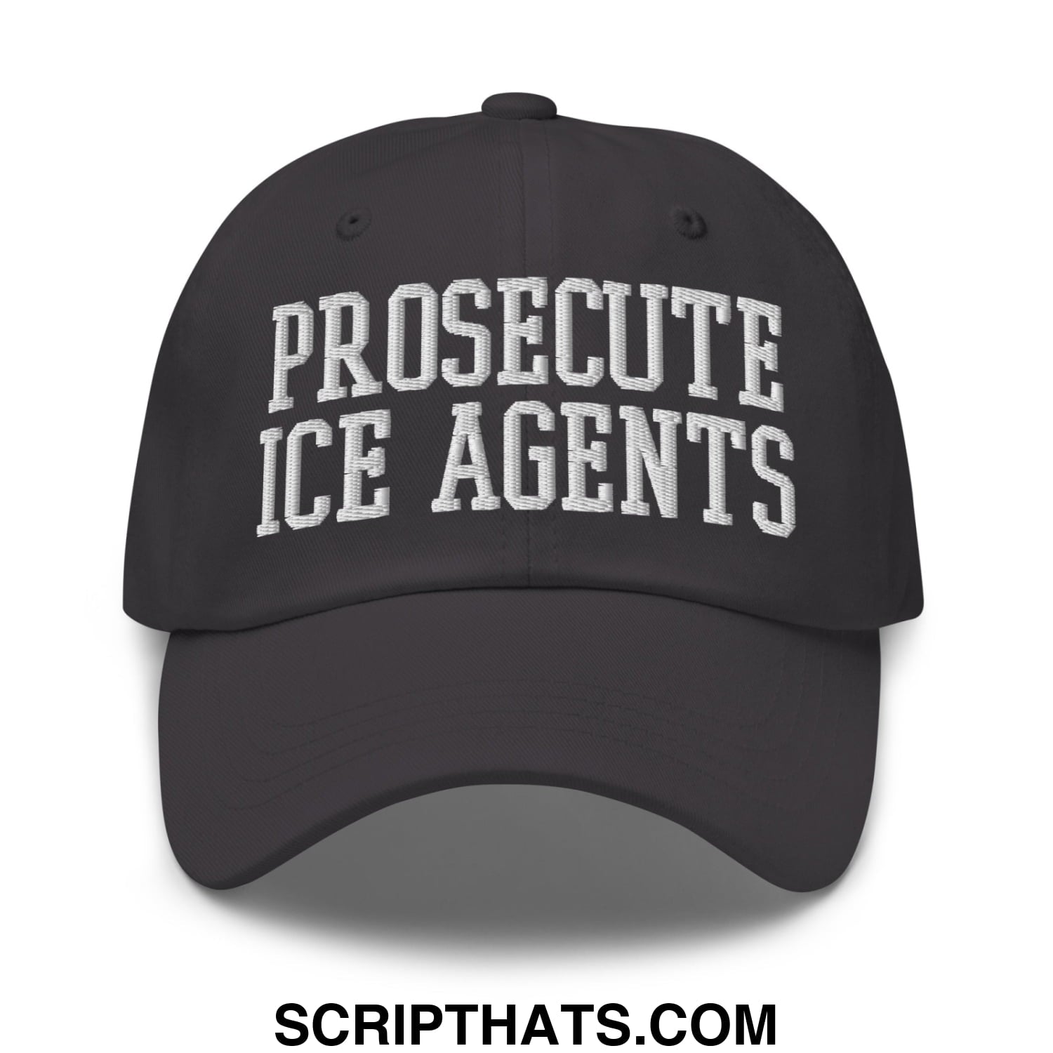 Black unstructured dad hat with white embroidered text prosecute ice agents in collegiate font for casual wear