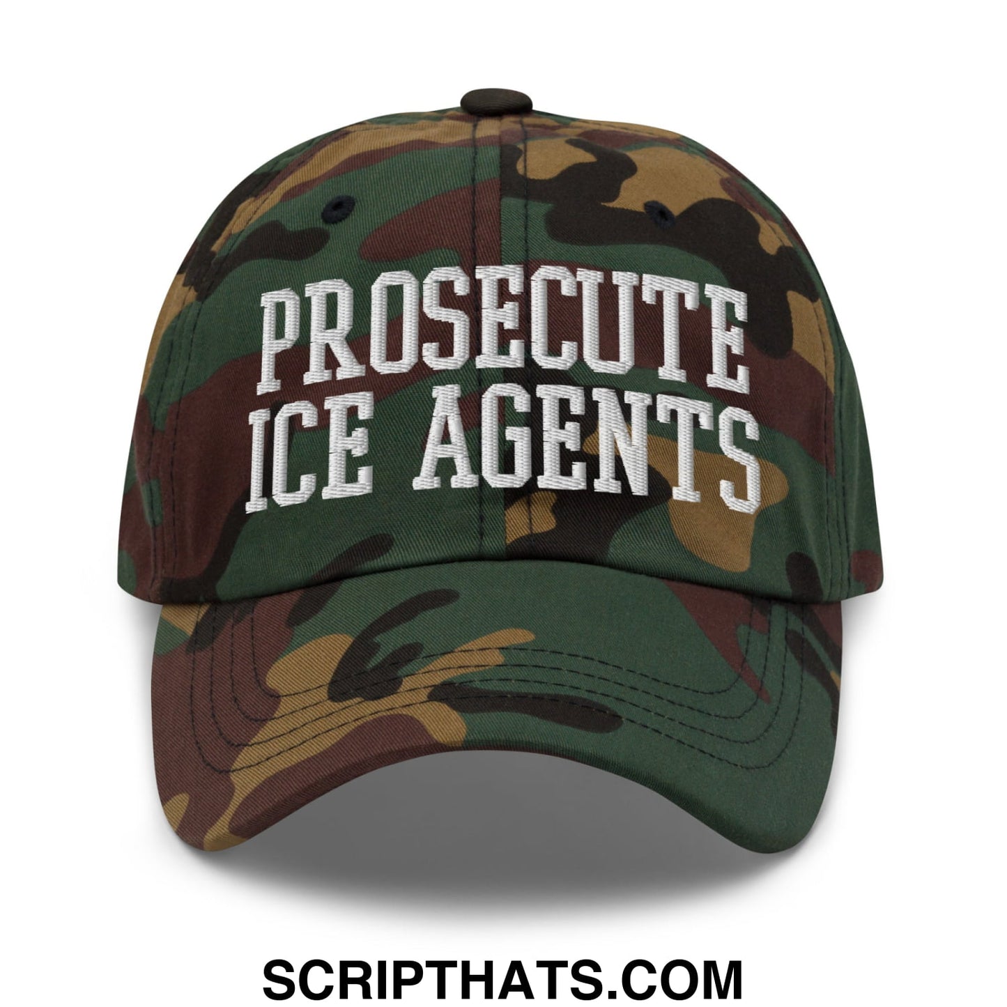 A camouflage unstructured dad hat with white embroidered text prosecute ice agents on the front panel
