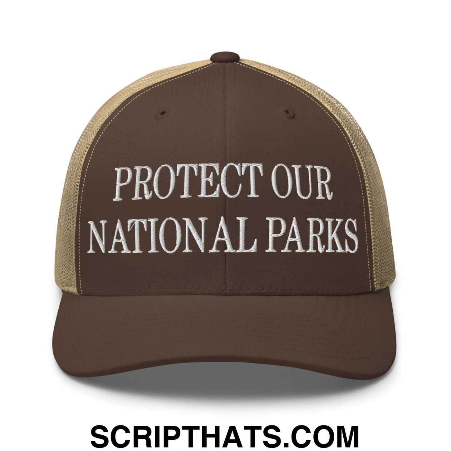 Protect Our National Parks Embroidered Mesh Trucker Hat Brown Khaki