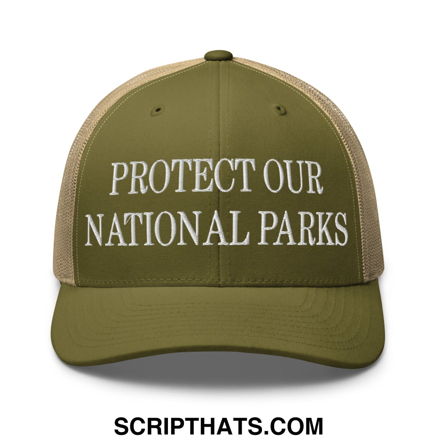 Protect Our National Parks Embroidered Mesh Trucker Hat Moss Khaki