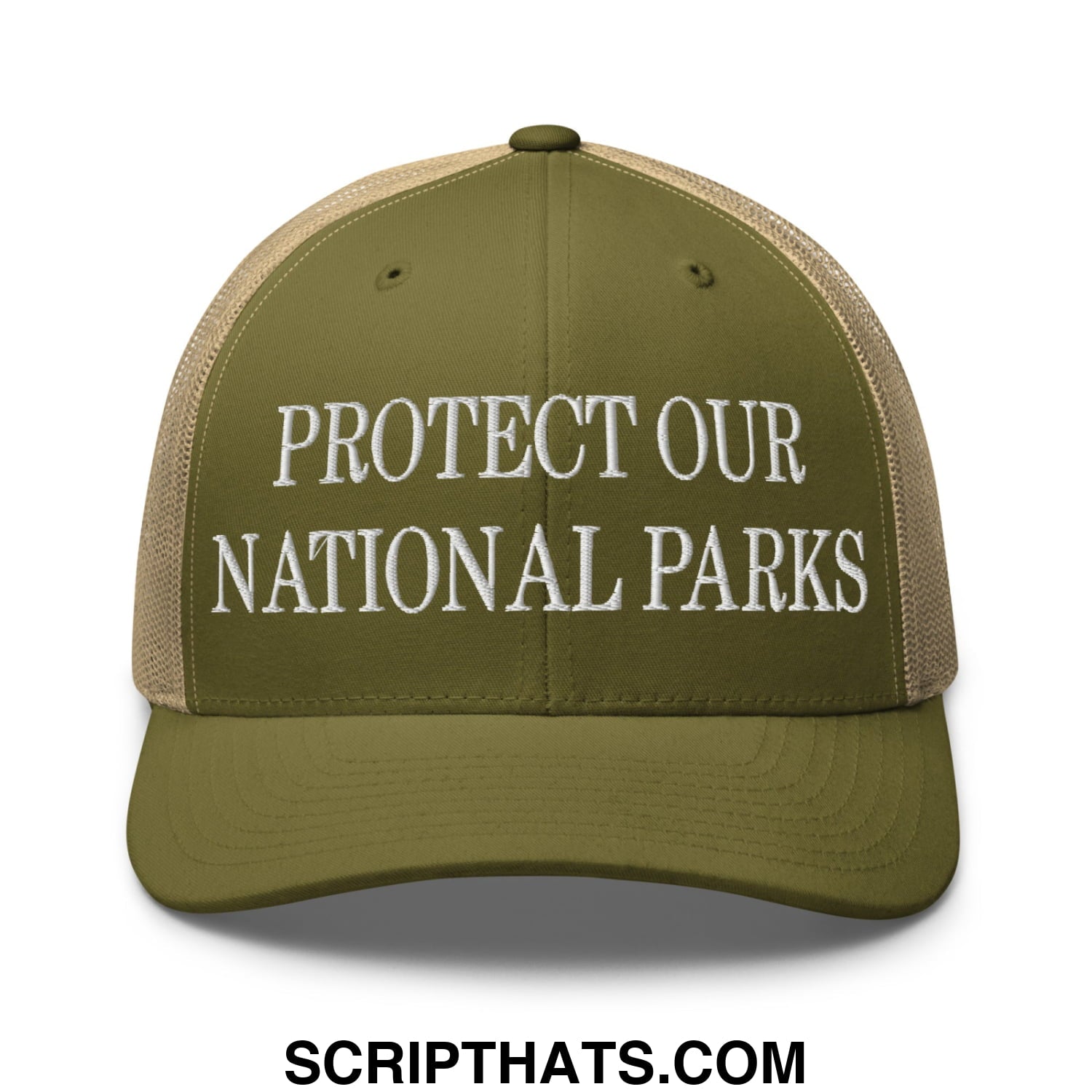 Protect Our National Parks Embroidered Mesh Trucker Hat Moss Khaki