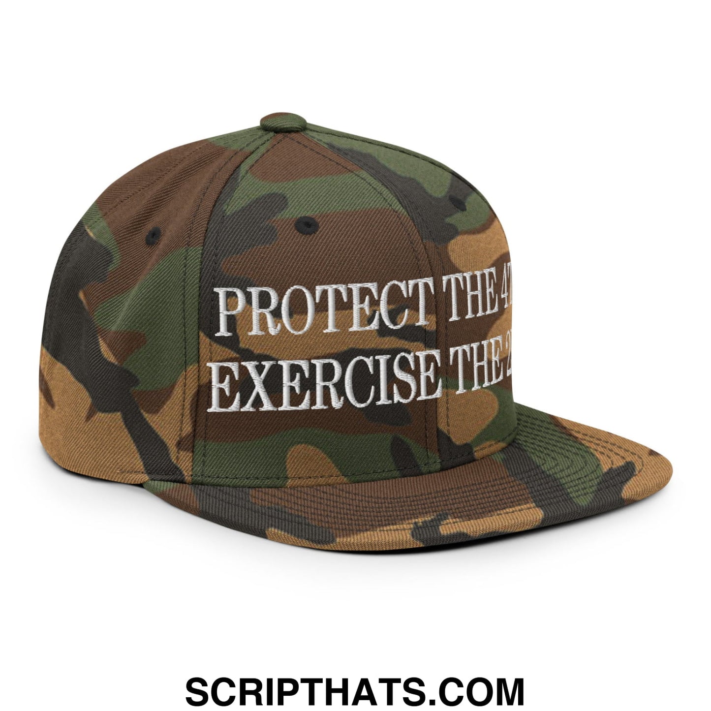 Camouflage snapback cap with white embroidered protect the exercise text and flat bill brim design