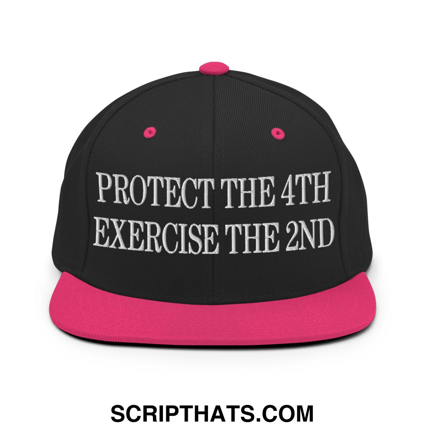 Black snapback cap with vibrant pink brim and button featuring white embroidered text protect the 4th exercise the 2nd