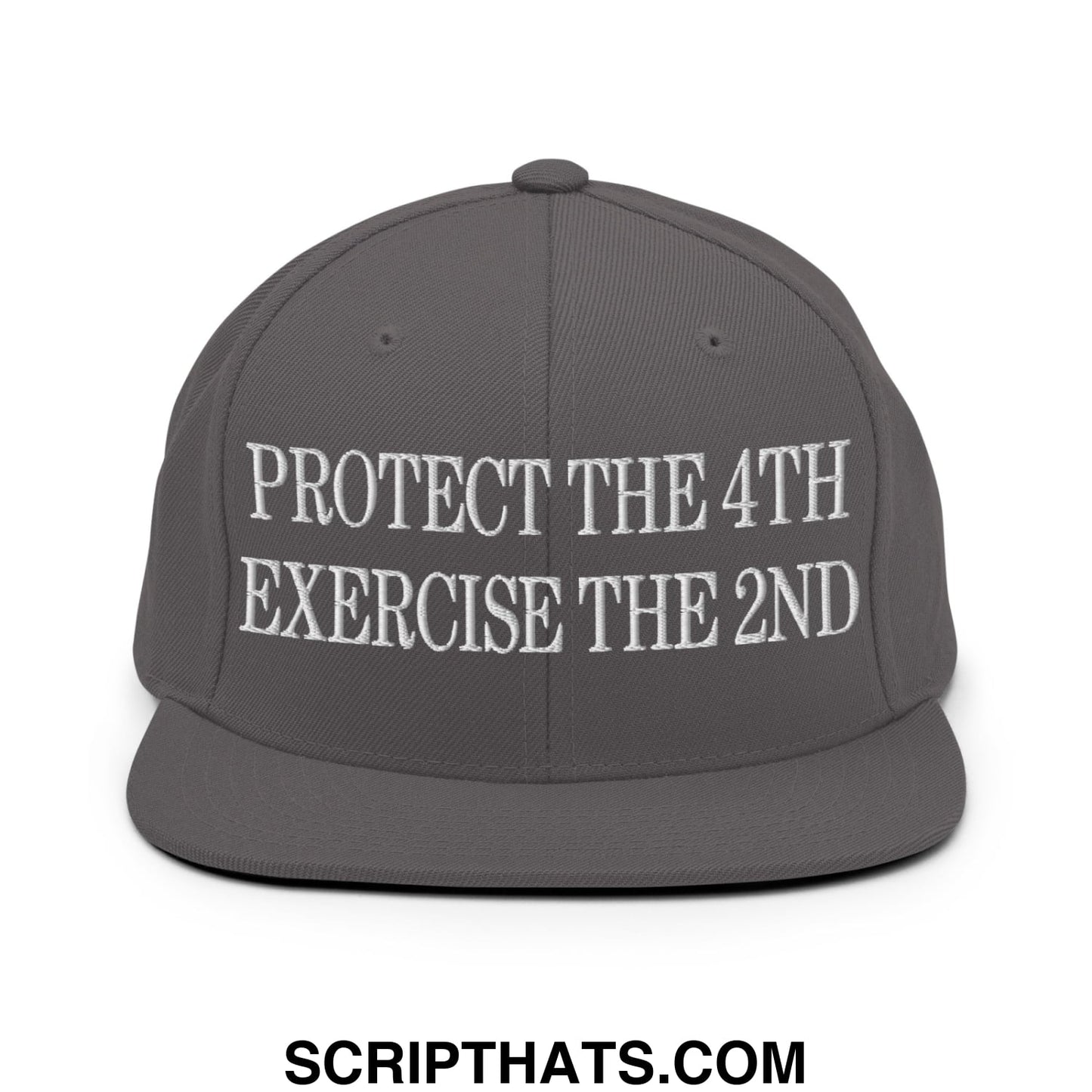 Dark gray snapback hat with white embroidered protect the 4th exercise the 2nd text and flat bill brim design