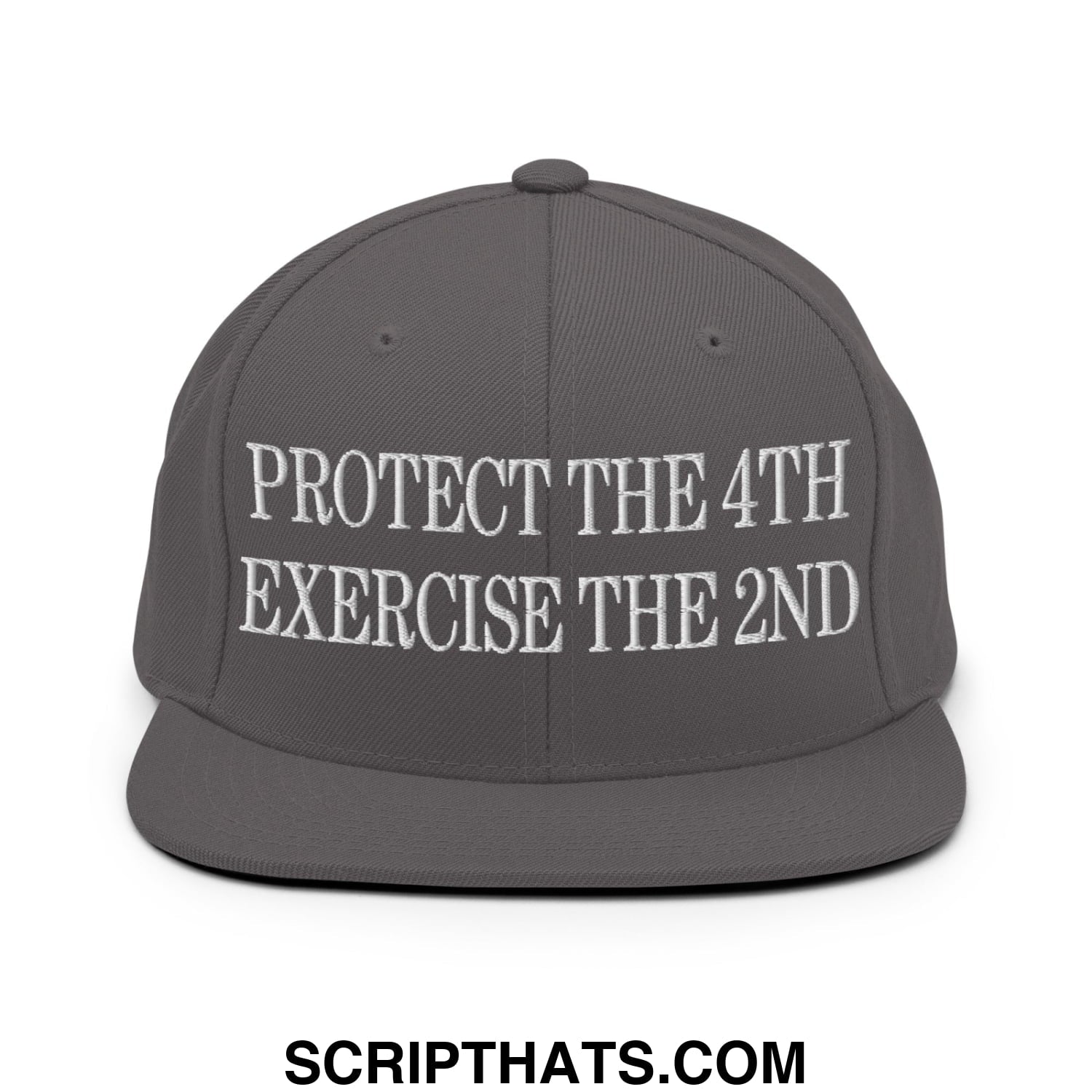 Dark gray snapback hat with white embroidered protect the 4th exercise the 2nd text and flat bill brim design