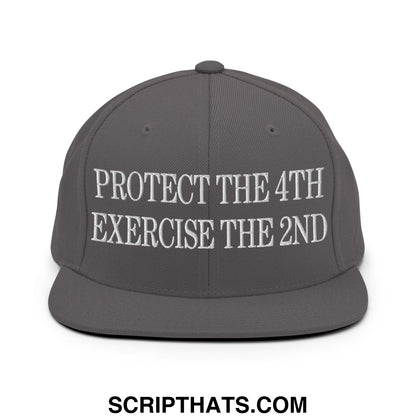 Dark gray snapback hat with white embroidered protect the 4th exercise the 2nd text and flat bill brim design