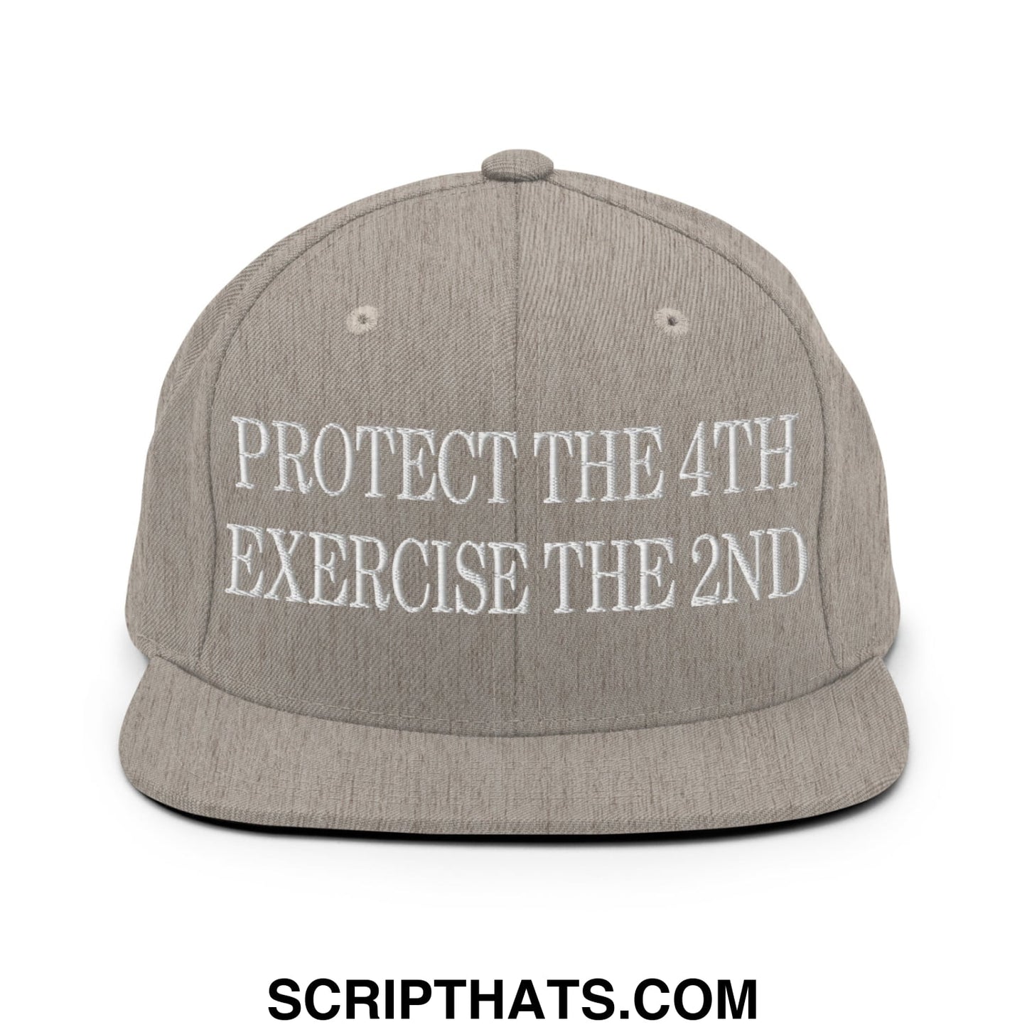 Gray flat bill snapback hat with white embroidered text protect the 4th exercise the 2nd on the front