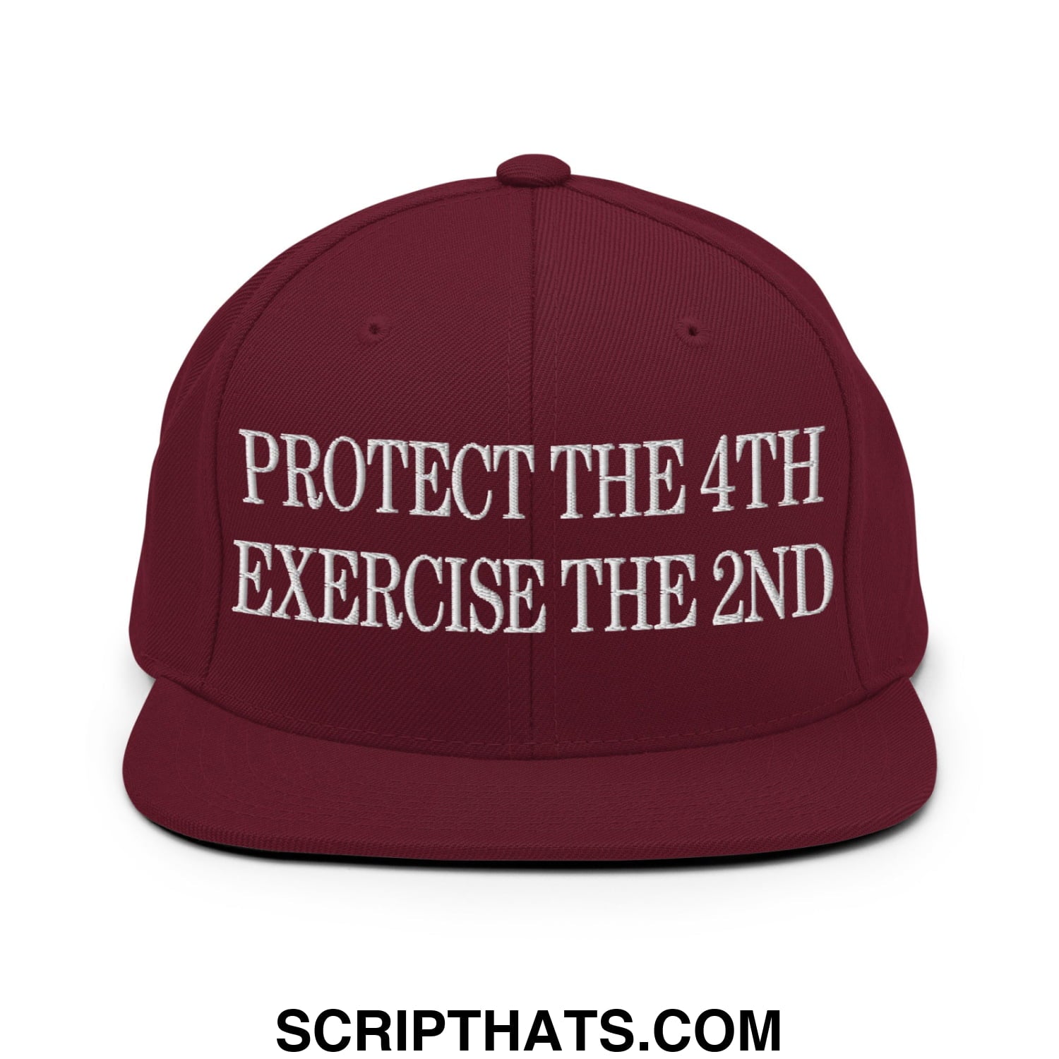 Maroon flat bill brim snapback hat with white embroidered protect the 4th exercise the 2nd text